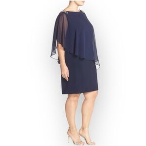 NWT XSCAPE Rhinestone Embellished Shoulders Navy Blue Cocktail Dress, 18W